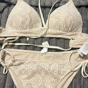 Cupshe Cream Crochet Triangle Bikini Set